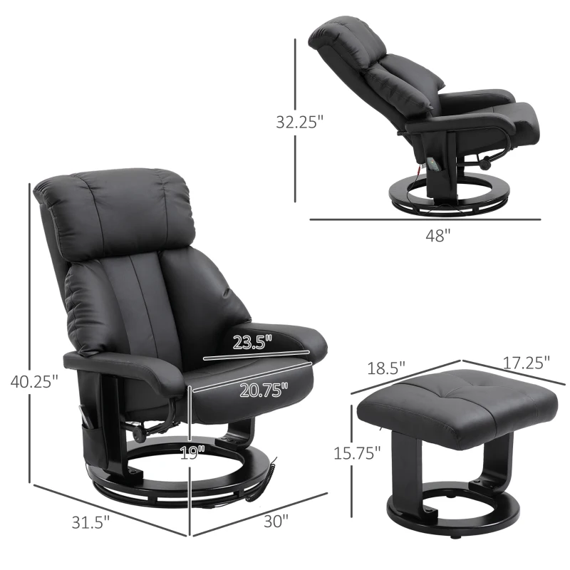 HOMCOM Massage Recliner Chair with Ottoman, 360° Swivel Recliner and Footstool, 10 Point Vibration, PU Leather Reclining Chair with Side Pocket and Remote Control, Black