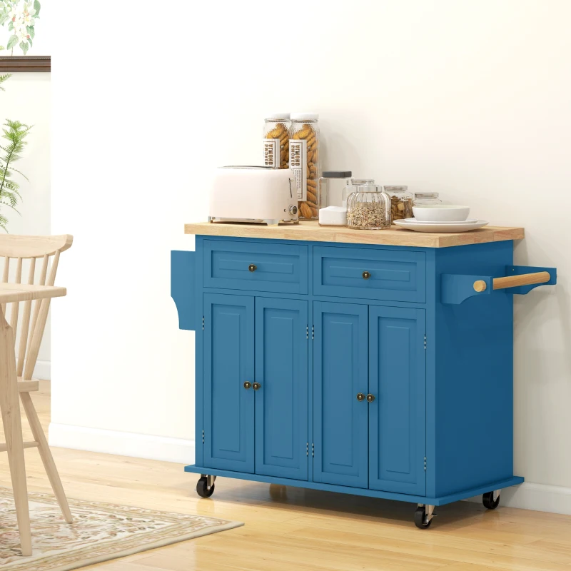 HOMCOM Kitchen Island on Wheels, Rolling Cart with Rubberwood Top, Spice Rack, Towel Rack and Drawers, Turquoise