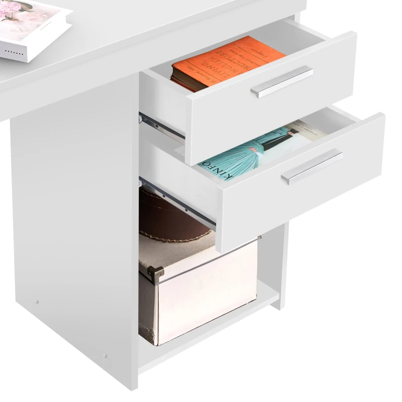 Contemporary White Workstation with Open Bottom Shelf, Modern Home Office Computer Writing Desk for Small Space, 47.5" L x 16" W x 30.5" H, White
