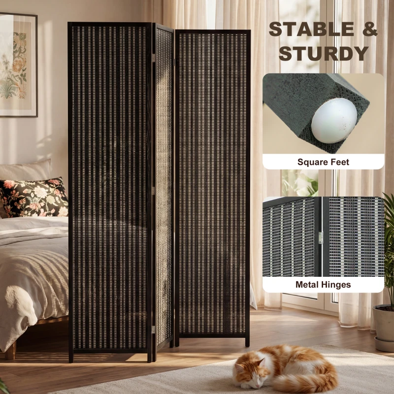 HOMCOM Folding Privacy Screen, 3 Panel Room Divider, Freestanding Partition with Handwoven Bamboo and Pine Wood Frame, Black