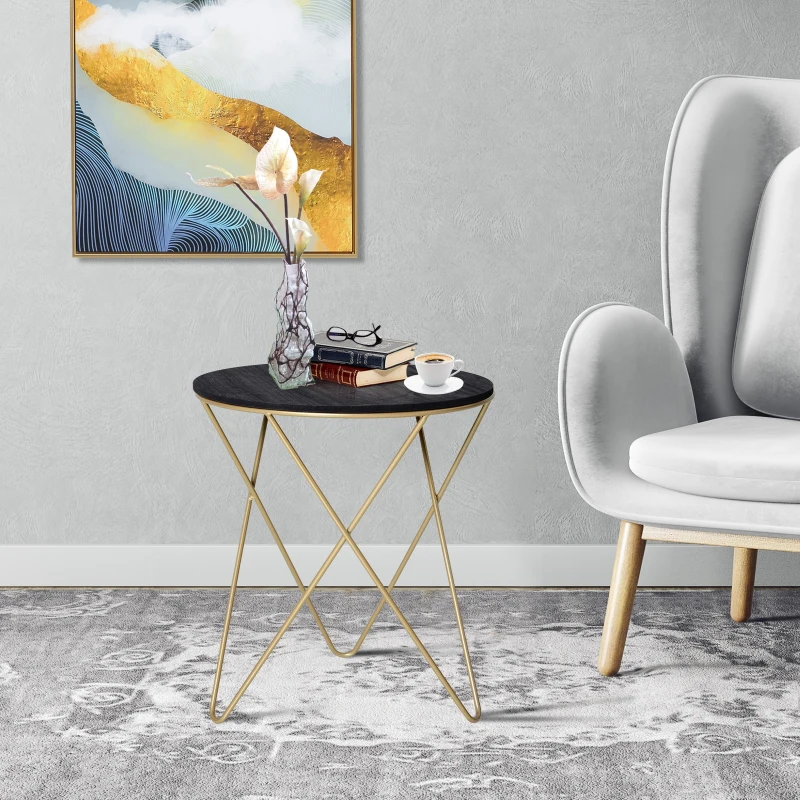 HOMCOM 17" Round Sofa Side Table, Wood Top End Table, Accent Coffee Table with Metal Leg for Living Room, Bedroom, Black and Gold
