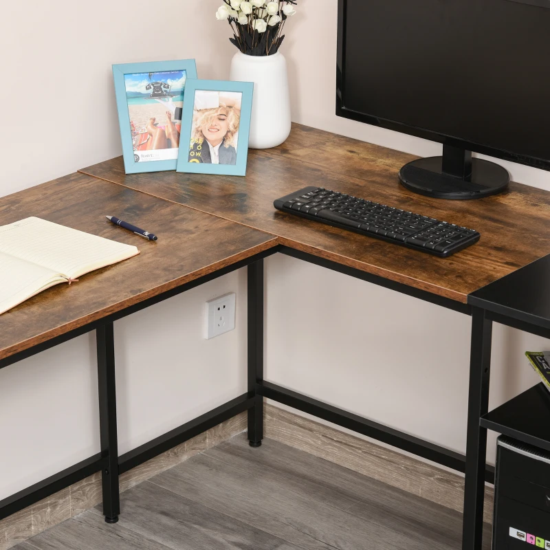 HOMCOM L-Shaped Computer Desk, Industrial Corner Desk with Adjustable Storage Shelf, CPU Tower Stand, Wood Grain Surface