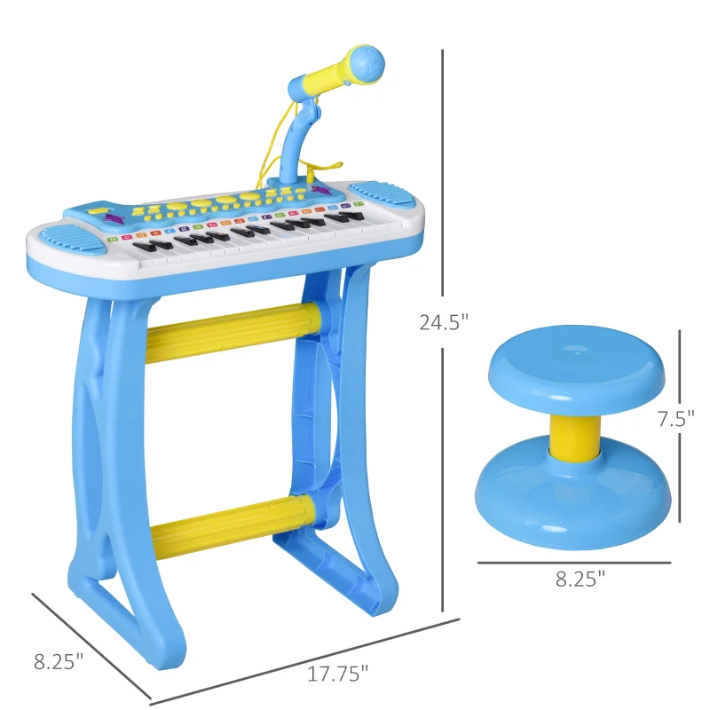 Qaba 31-Key Kids Toy Keyboard Piano, Electronic Musical Instrument with Multiple Sounds, Stool, Microphone and Bright Flashing Lights, Blue