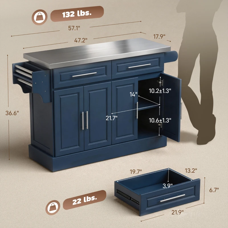 HOMCOM Rolling Kitchen Island with Stainless Steel Top, 2 Drawers, Spice, Knife and Towel Rack and Cabinets, Navy Blue