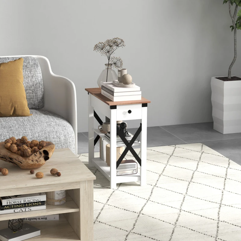 HOMCOM End Side Table with Charging Station, 2 USB Ports and 1 Outlet for Living Room, Bedroom, 11.75" x 23.5" x 24.5", White