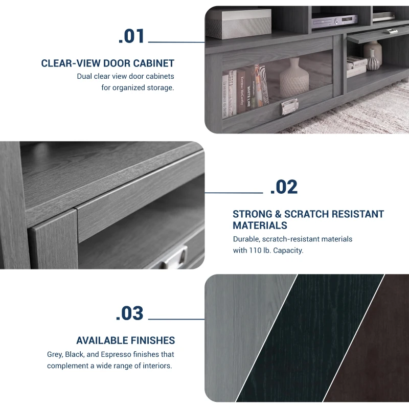Sleek Durbin TV Stand with Glass Panel Cabinets and Cable Management, Modern Media Sideboard Cabinet for Living Room, 57" L x 15" W x 23" H, Grey