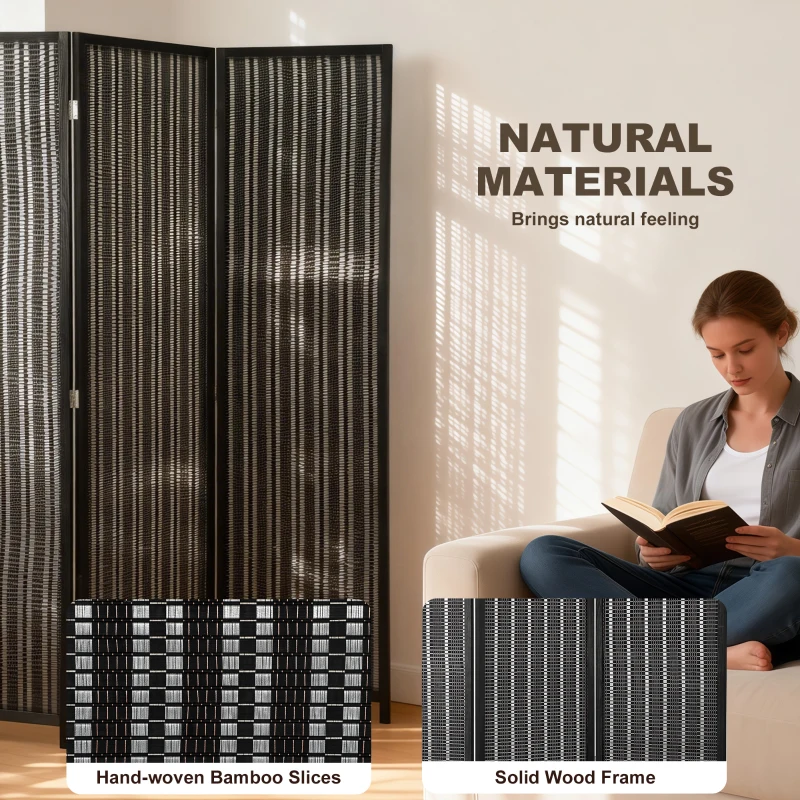 HOMCOM Folding Privacy Screen, 3 Panel Room Divider, Freestanding Partition with Handwoven Bamboo and Pine Wood Frame, Black