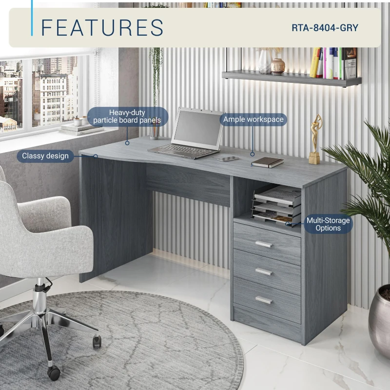 Classic Computer Desk with 3 Drawers and Side Shelf, Modern Contoured Workstation Table for Home Office Studio, 51" L x 23.5" W x 29.5" H, WengeGrey