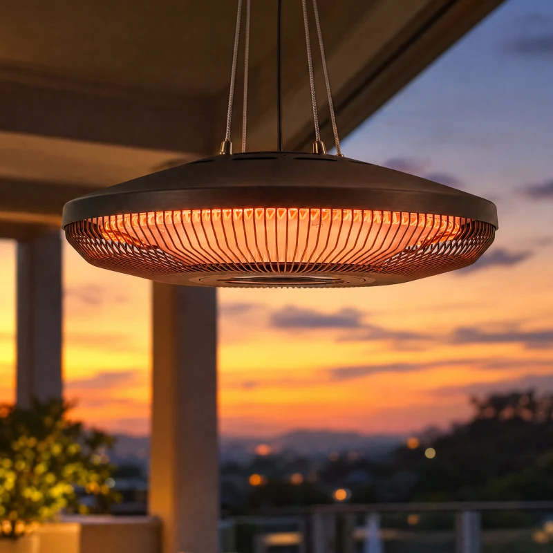 Outsunny Electric Hanging Patio Heater with LED Light, 750/1500 W IP65 Ceiling Mounted Infrared Outdoor Heater, Black