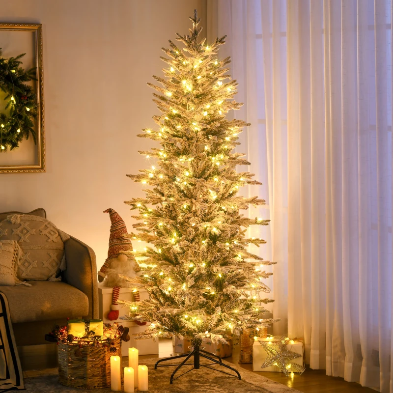 HOMCOM 6' Pre Lit Artificial Flocked Christmas Trees, with Snow Branches, Warm Yellow Clear Lights, Auto Open, Extra Bulb