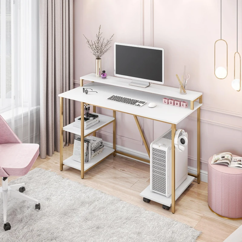 Industrial Writing Desk with Elevated Hutch Shelf and CPU Caddy, Modern Computer Table for Home Office, 46.5" L x 19" W x 34" H, Gold