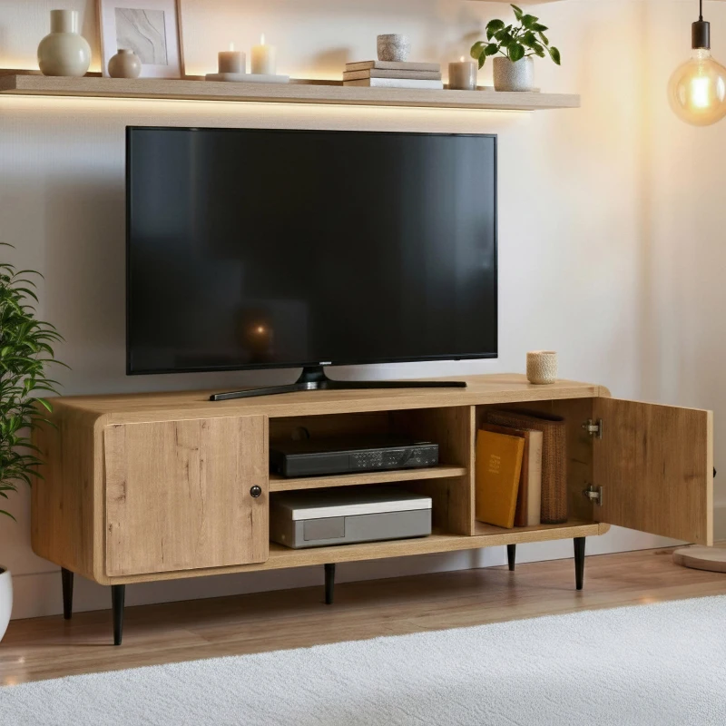 Stylish Mid-Century TV Stand with Cable Management Hole, Modern Media Entertainment Console Cabinet for Living Room, 55" L x 16" W x 21" H, Oak