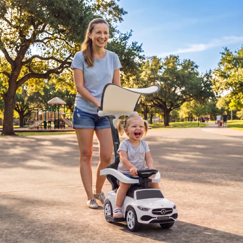 Qaba 3 in 1 Toddler Push Car Licensed Benz with Push Handle, Guardrails, Canopy, Horn, Music, Storage for 18-36 Months, White