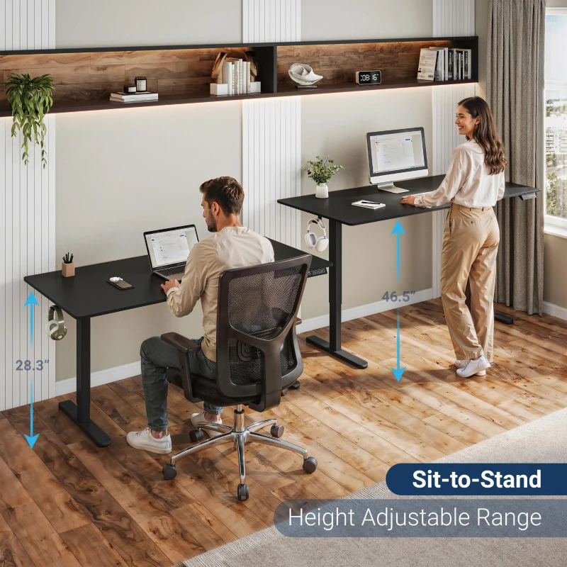 Sleek Electric Standing Desk with 3 Memory Presets and Hooks, Height Adjustable Sit to Stand Computer Desk for Home Office, 55'' L x 23.5″ W x 28'' H, Black