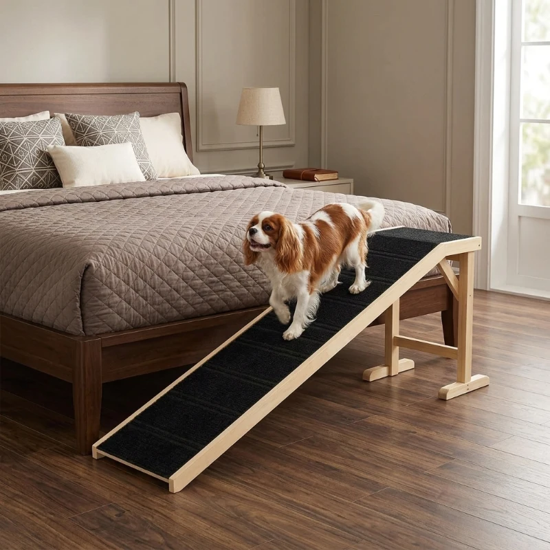 PawHut Dog Ramp for Bed, Pet Ramp for Dogs with Non-Slip Carpet and Top Platform, 74" x 16" x 25", Natural