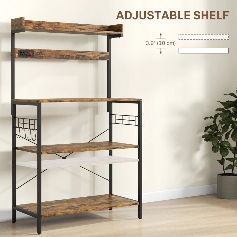 HOMCOM Kitchen Baker's Rack with Power Outlet, Coffee Bar Station with Adjustable Shelves and Hooks, Rustic Brown