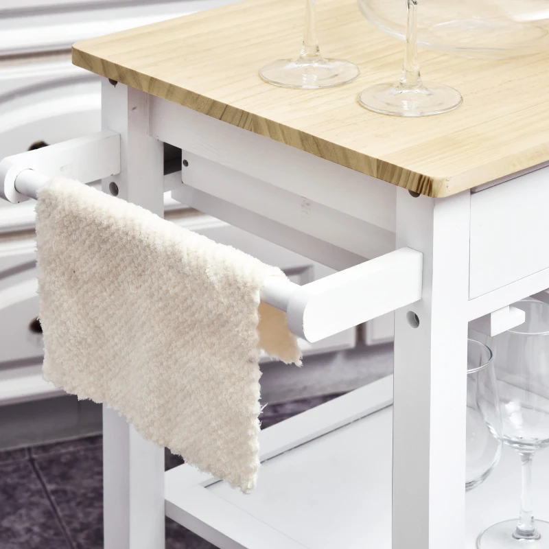 HOMCOM Kitchen Storage Trolley Cart Serving Cart 2 Drawers Wine Glass Rack Towel Rail
