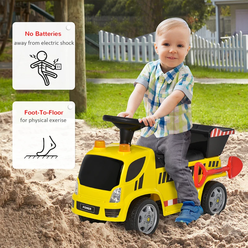 Aosom Kids Push Car Toddler Ride-on Construction Toy Cart for Age 18-36 Months with Shovel, Headlights, and Music, Yellow