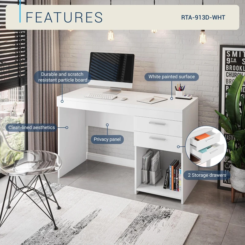 Contemporary White Workstation with Open Bottom Shelf, Modern Home Office Computer Writing Desk for Small Space, 47.5" L x 16" W x 30.5" H, White