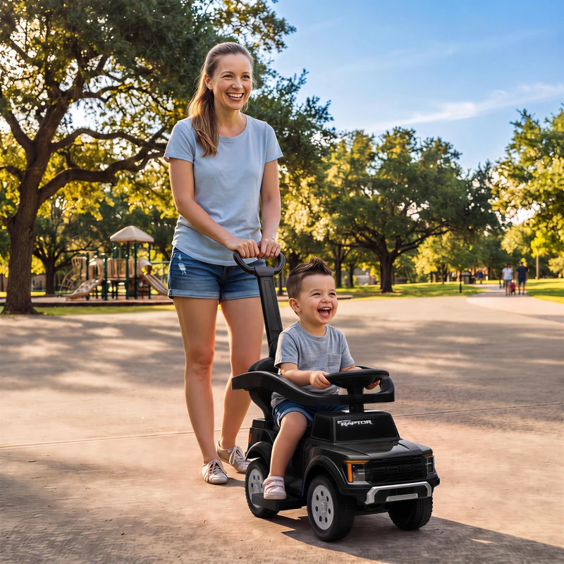 Qaba 3 In 1 Licensed Ford Kids Push Car with Push Handle, Horn, Sound, Secure Bar, Storage, for Toddlers 18-36 Months, Black