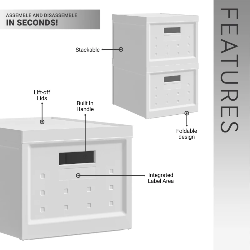 Stackable Storage Boxes with Secure Lids and Built-In Handles, Foldable Containers for Home or Office Organization, 13" L x 16" W x 10.5" H, White