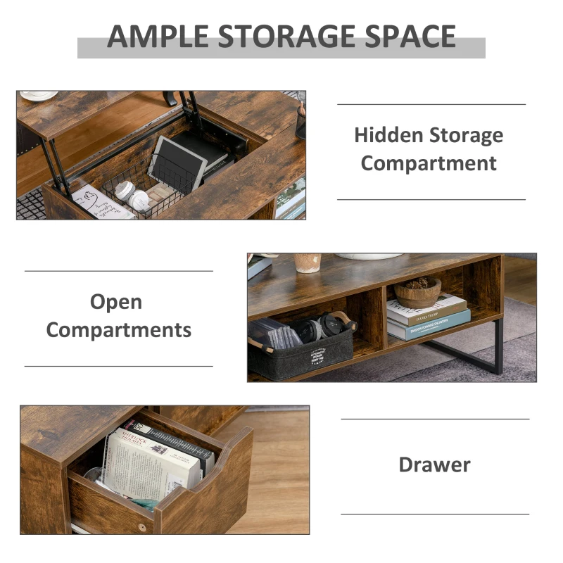 HOMCOM Wood Lift Top Coffee Table with Hidden Storage Compartment, Side Drawer with Metal Frame Design, Lift Tabletop Dining Table for Home, Living Room, Office