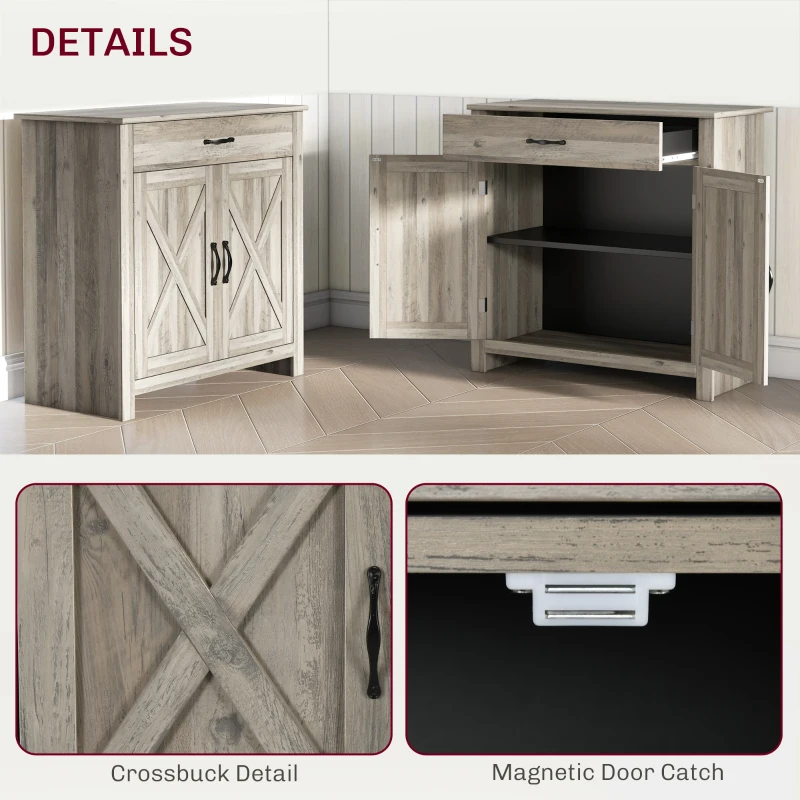 HOMCOM Farmhouse Sideboard Cabinet with Barn Doors Kitchen Buffet Cabinet with Drawer and Adjustable Shelf Gray Wash