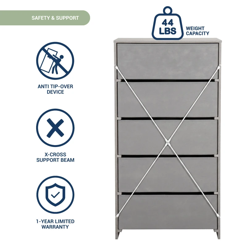 Spacious 5-Drawer Fabric Dresser with Wooden Top, Modern Storage Chest Organizer Tower for Closet, 22.5" L x 15.5" W x 43" H, Gray