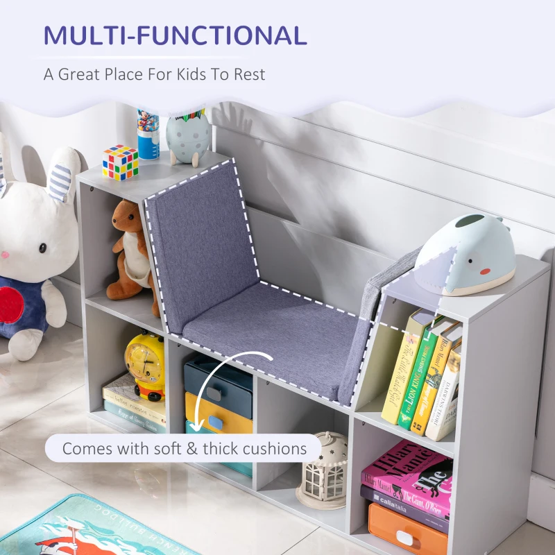 HOMCOM 6-Cubby Kids Bookcase with Reading Nook and Cushion, Multi-Purpose Storage Organizer for Bedroom, Living Room, Grey