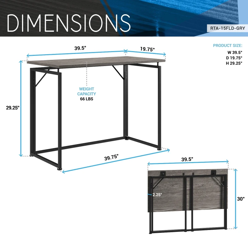 Sleek Folding Desk with Sturdy Steel Legs and MDF Top, Space-Saving Small Computer Writing Table for Apartment, 39.5" L x 19.5" W x 29" H, Grey