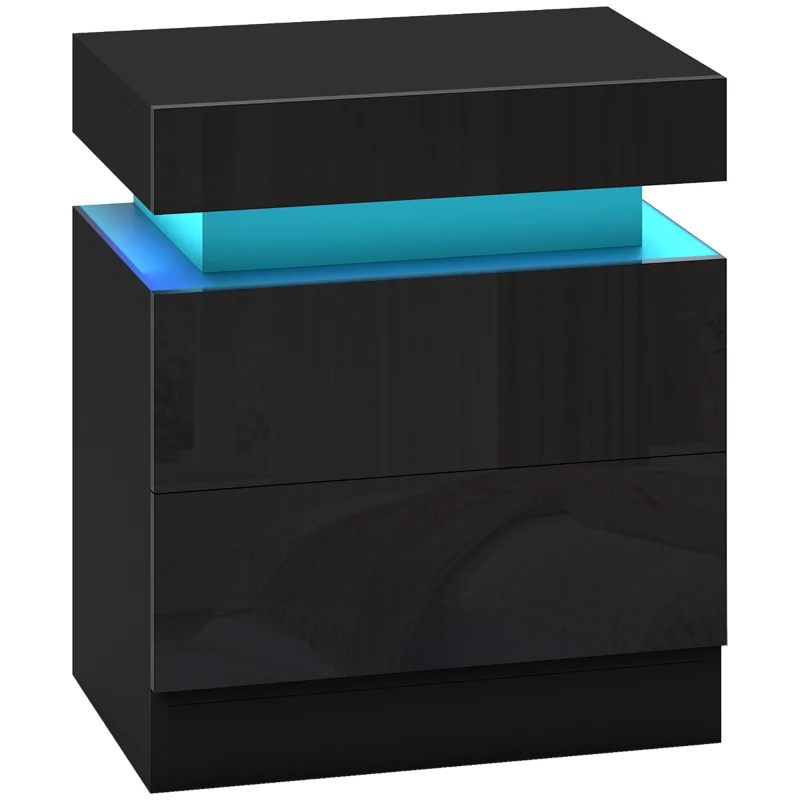 HOMCOM Nightstand, Bedside Table with LED Lights and 2 Drawers for Bedroom, Living Room, Black