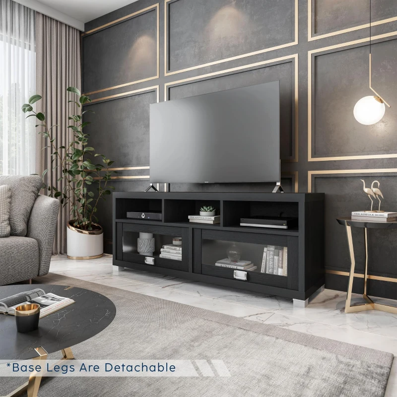 Sleek Durbin TV Stand with Glass Panel Cabinets and Cable Management, Modern Media Sideboard Cabinet for Living Room, 57" L x 15" W x 23" H, Black