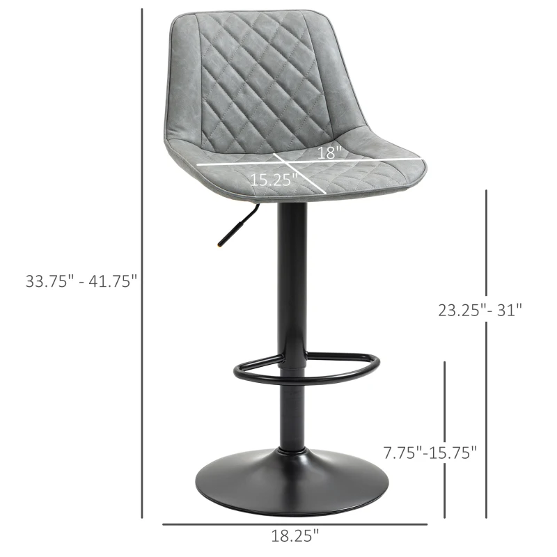 HOMCOM Adjustable Bar Stools Set of 2, Counter Height Barstools with Swivel Seat Round Steel Base and Footrest for Kitchen Counter Dining Room Pub, ‎Grey