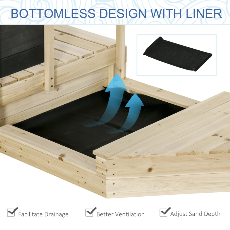 Outsunny Kids Wooden Sandbox, Covered Children Pirate Sand Boat for Outdoor, Foldable Play Station, w/ Flag, Canopy Shade, Bottom Liner, Blackboard, for 3-8 Years Old, Natural Wood