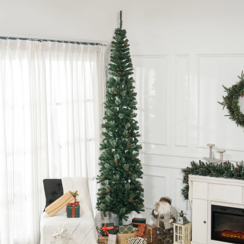 HOMCOM 9.5ft Pencil Christmas Tree, Slim Xmas Tree with Realistic Branches, Pine Cones and Metal Base, Green