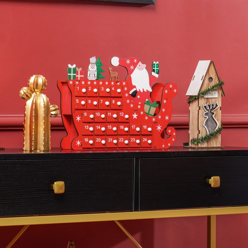 HOMCOM Wooden Christmas Advent Calendar with 24 Countdown Drawers, Reusable Holiday Decor Xmas Gift for Kids Adults, Red