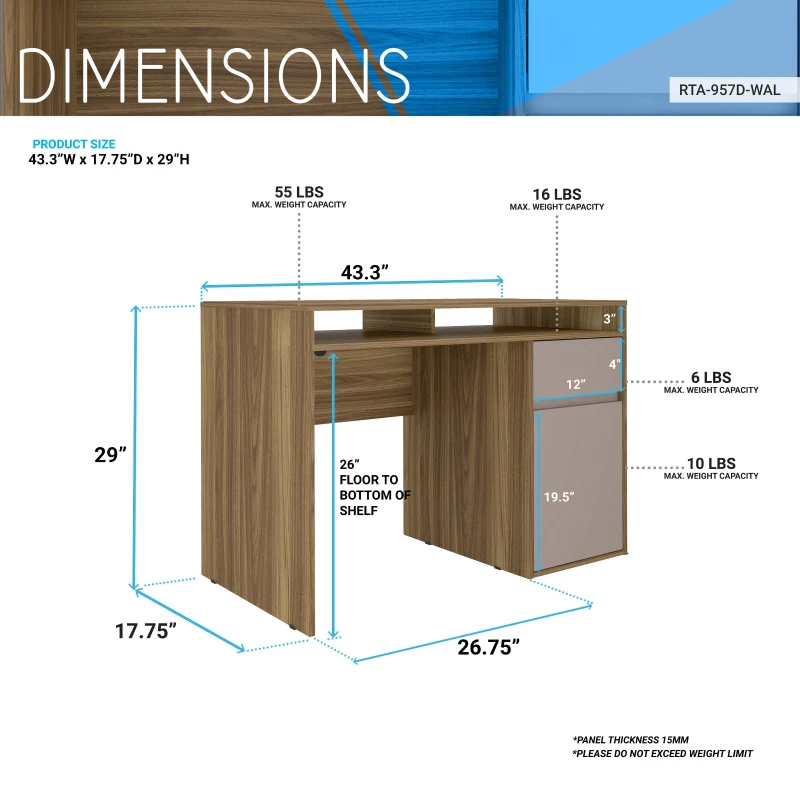 Warm Home Office Workstation with Storage Cabinet and Shelves, Modern Computer Desk with Cable Management, 43.5" L x 17.5" W x 29" H, Walnut