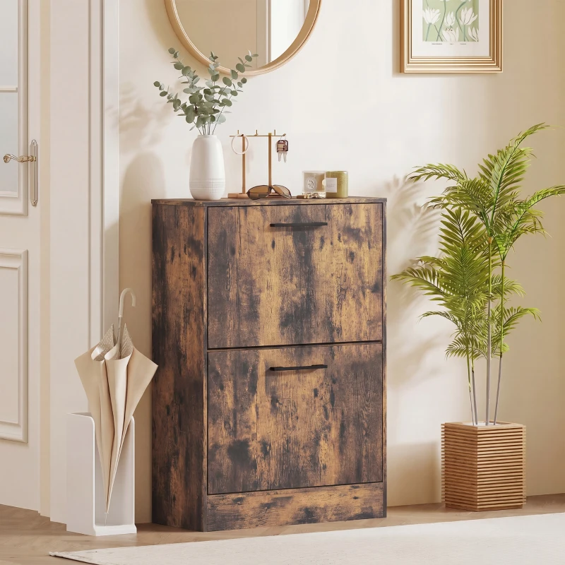 HOMCOM Shoe Cabinet 2 Flip Drawers Narrow Shoe Storage Unit Adjustable Dividers Entryway Hallway Rustic Brown