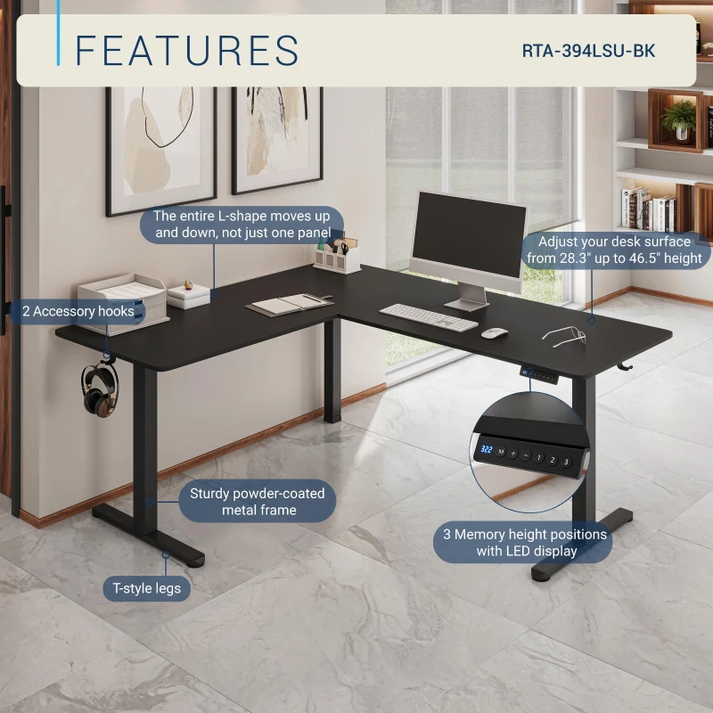 Sleek L-Shaped Standing Desk with 3 Memory Presets and Hooks, Height Adjustable Electric Computer Desk for Home Office, 63'' L x 55'' W x 28'' H, Black