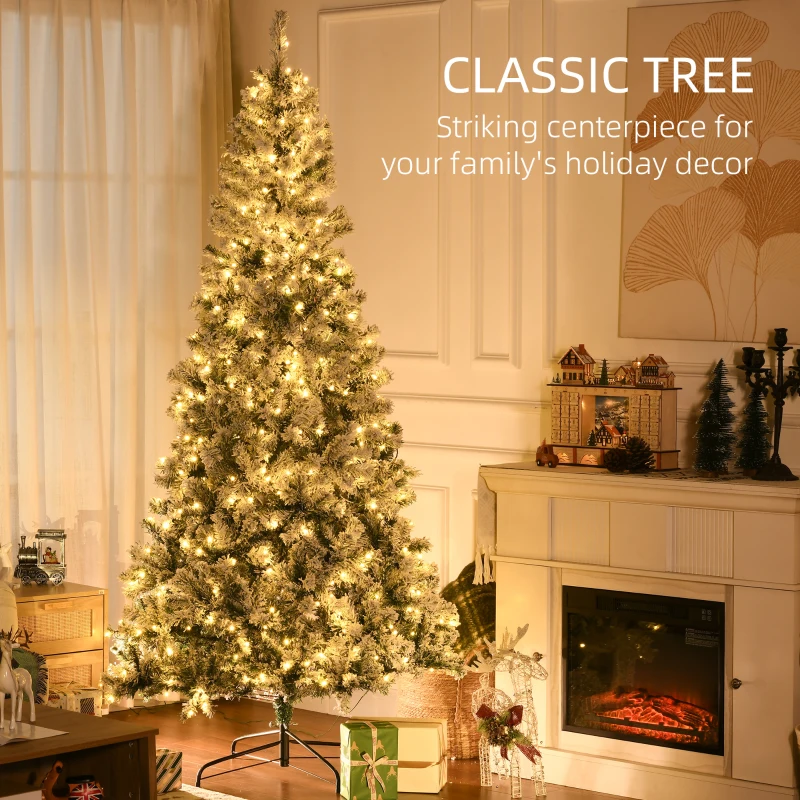 HOMCOM 7.5' Prelit Artificial Flocked Christmas Trees, with Snow Frosted Branches, Warm White LED Lights, Auto Open