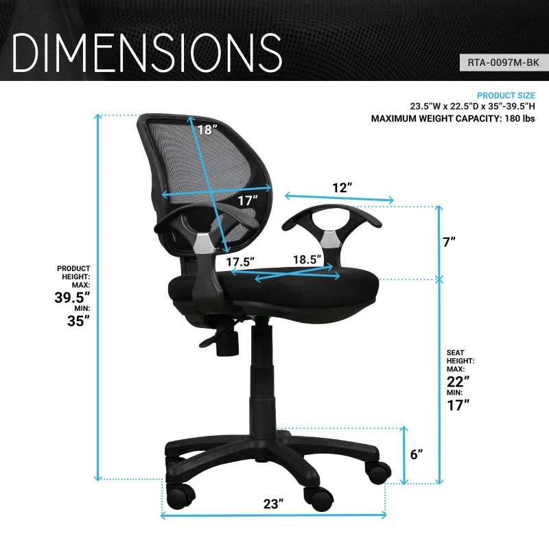 Breathable Office Chair with Contoured Fabric Seat Cushion and Contoured Armrests, Task Chair for Offices, 23.5" L x 22.5" W x 35" H, Black