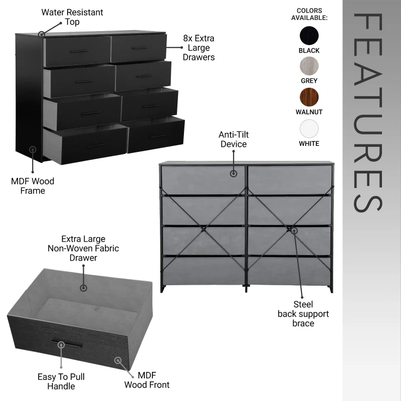 Roomy 8-Drawer Dresser with Water-Resistant Top, Ideal Storage Chest for Bedrooms, Living Rooms, TV Stand, 44.5" L x 16" W x 34.5" H, Black