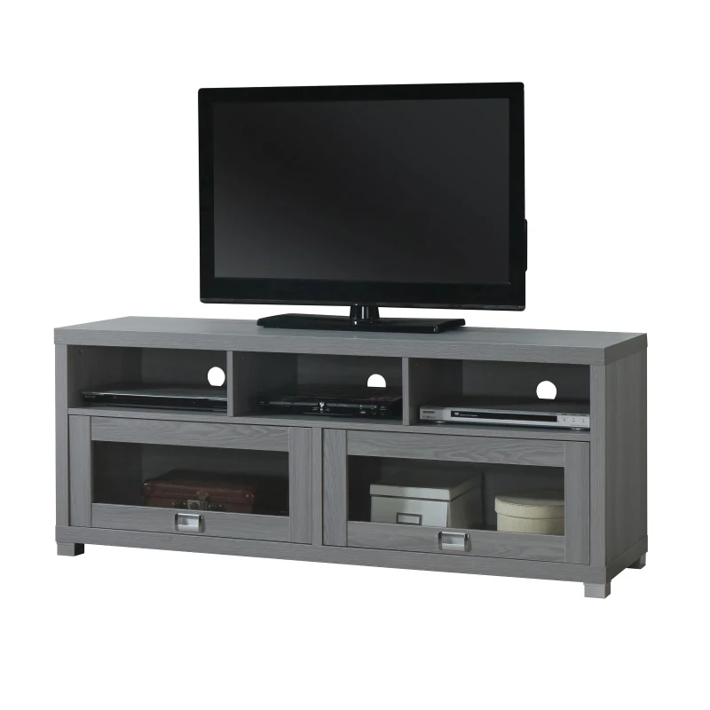 Sleek Durbin TV Stand with Glass Panel Cabinets and Cable Management, Modern Media Sideboard Cabinet for Living Room, 57" L x 15" W x 23" H, Grey
