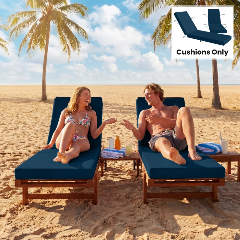 Outsunny Set of 2 Chaise Lounge Cushion, 4" Thick Outdoor Lounge Chair Cushions with Ties for Patio, 21" x 72", Navy Blue