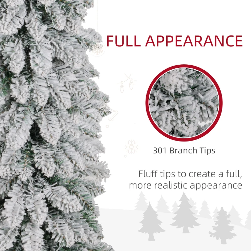 HOMCOM 5' Tall Unlit Slim Pencil Xmas Tree, Snow-Flocked Artificial Christmas Tree with Realistic Branches and 301 Tips, Green
