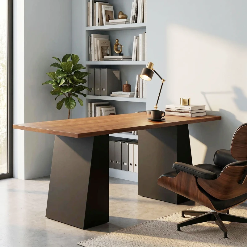 HOMCOM 63 Inch Computer Desk with Trapezoidal Frame Light Walnut and Black