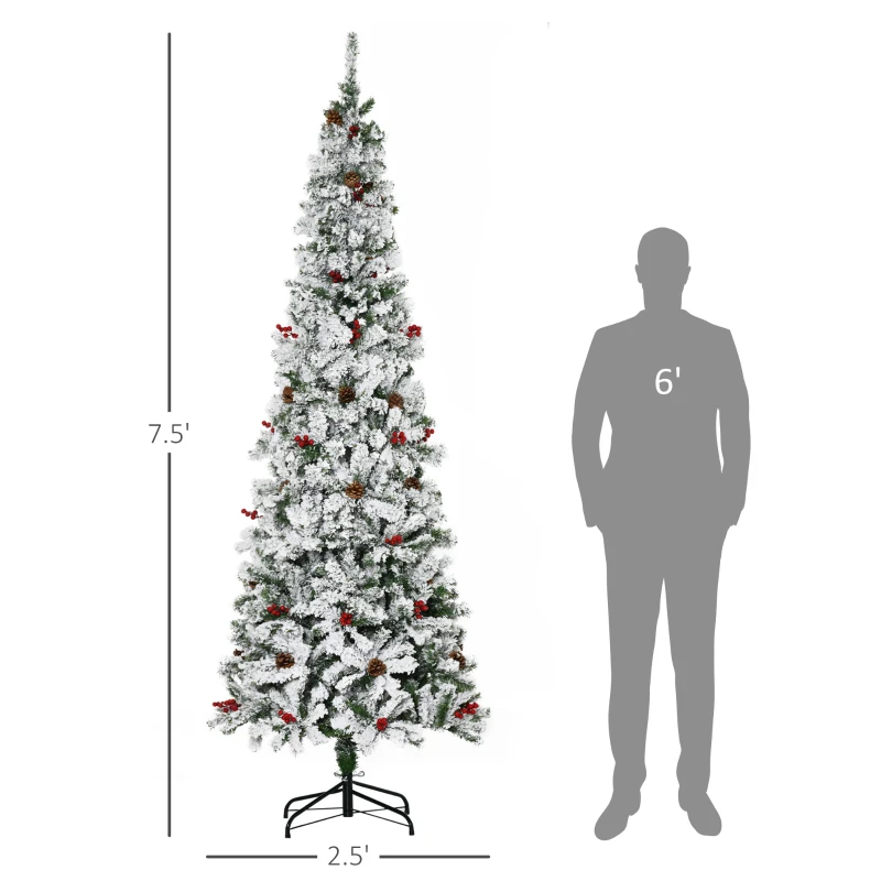 HOMCOM 7.5' Pencil Snow Flocked Artificial Christmas Tree with 600 Pine Realistic Branches, Pine Cones, Red Berries, Green