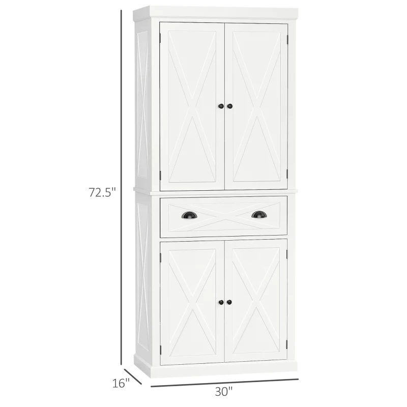 HOMCOM 72" Kitchen Pantry Storage Cabinet, Traditional Freestanding Pantry Cabinet with 4 Doors and 2 Adjustable Shelves, Large Central Drawer, X-Frame, White