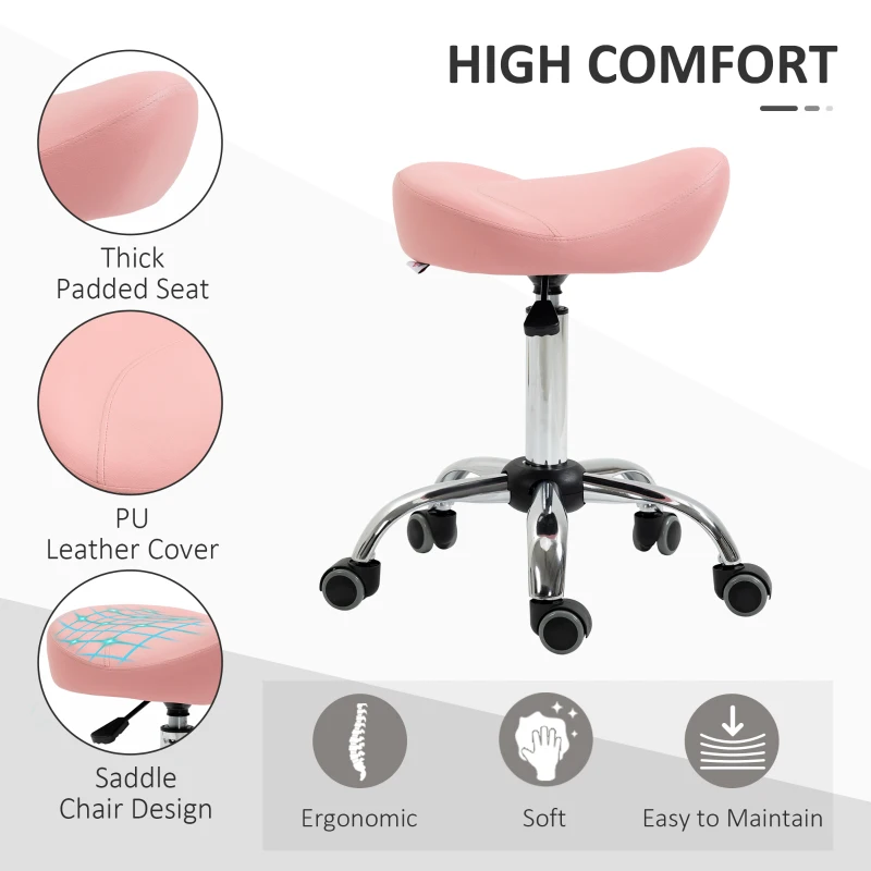 HOMCOM Ergonomic Saddle Stool with Wheels, Adjustable PU Leather Saddle Chair, 360° Swivel, NO Back Pain, Healthy Posture, Salon Chair for Massage Medical Home, Pink