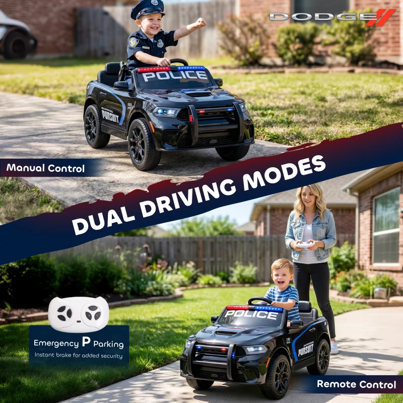 Qaba Licensed Dodge Ride On Police Car for Kids with 2 Seater, Remote, Suspension, Flashing Lights, Siren for Ages 3-6, Black